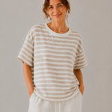 100% Linen Stripe Contrast Trim Short Sleeve T-Shirt