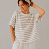 100% Linen Stripe Contrast Trim Short Sleeve T-Shirt