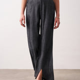 Linen Tencel Belt Loop Slant Pocket Split Hem Flared Pants