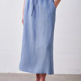 Linen Tencel Elastic Drawstring Waist Straight Midi Skirt