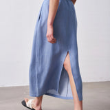 Linen Tencel Elastic Drawstring Waist Straight Midi Skirt