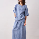 Linen Tencel Solid Round Neck Short Sleeve Blouse