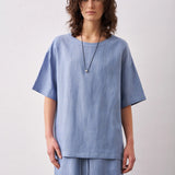 Linen Tencel Solid Round Neck Short Sleeve Blouse