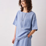 Linen Tencel Solid Round Neck Short Sleeve Blouse
