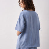 Linen Tencel Solid Round Neck Short Sleeve Blouse