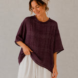 100% Linen Vintage Grid Round Neck Half-Sleeve Blouse