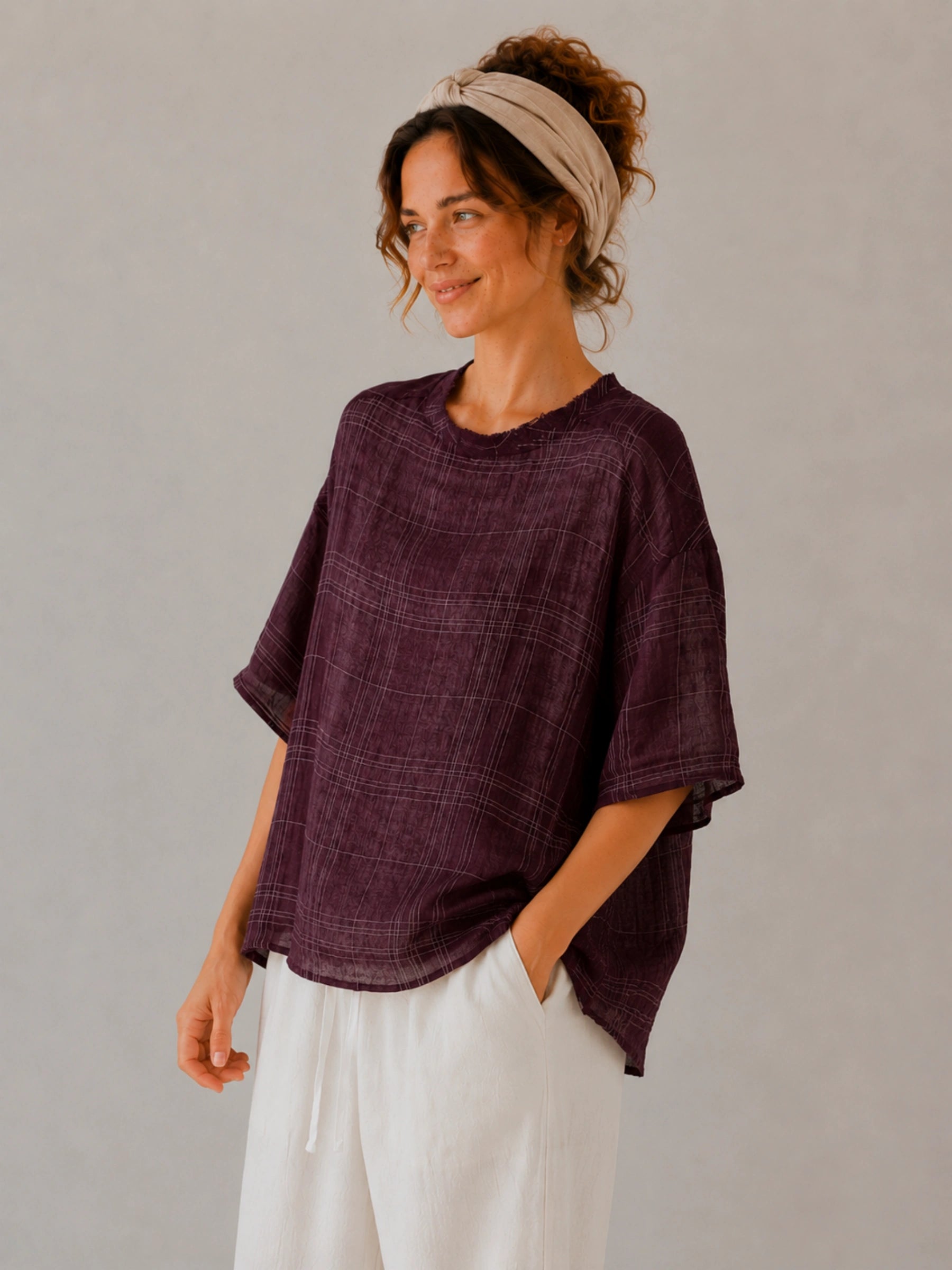 100% Linen Vintage Grid Round Neck Half-Sleeve Blouse