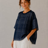 100% Linen Vintage Grid Round Neck Half-Sleeve Blouse