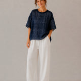 100% Linen Vintage Grid Round Neck Half-Sleeve Blouse