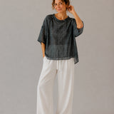 100% Linen Vintage Grid Round Neck Half-Sleeve Blouse