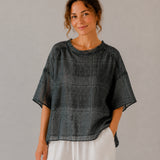 100% Linen Vintage Grid Round Neck Half-Sleeve Blouse