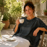 100% Linen Vintage Grid Round Neck Half-Sleeve Blouse