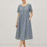 Linen Cotton Vintage Checked U-Neck Short Sleeve Maxi Dress
