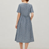 Linen Cotton Vintage Checked U-Neck Short Sleeve Maxi Dress