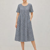 Linen Cotton Vintage Checked U-Neck Short Sleeve Maxi Dress