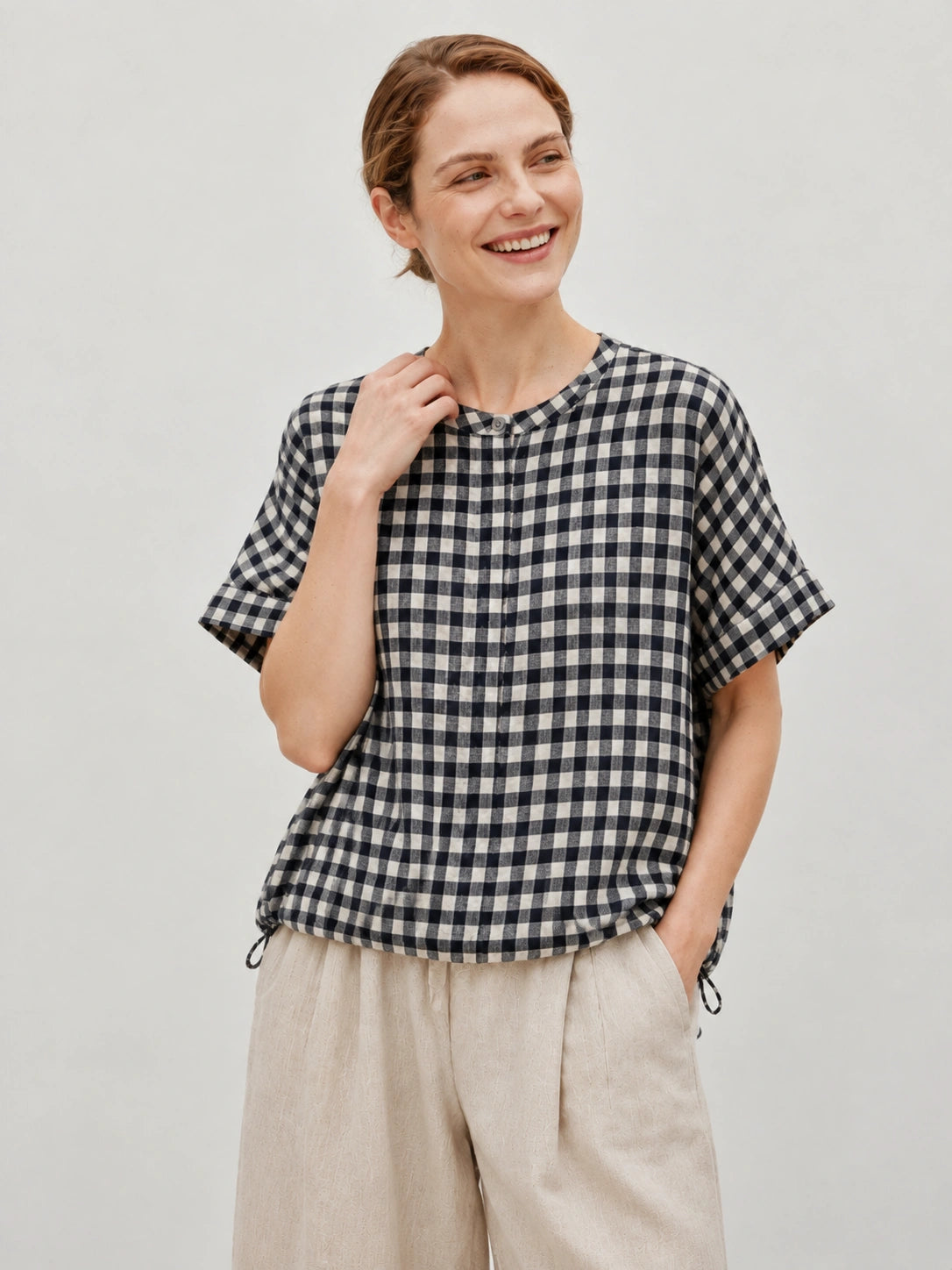 100% Linen Gingham Print Rolled Sleeve Drawstring Hem Blouse