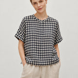 100% Linen Gingham Print Rolled Sleeve Drawstring Hem Blouse