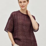 100% Linen Vintage Grid Round Neck Half-Sleeve Blouse