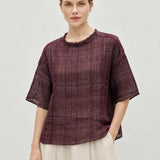 100% Linen Vintage Grid Round Neck Half-Sleeve Blouse