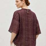 100% Linen Vintage Grid Round Neck Half-Sleeve Blouse