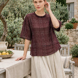 100% Linen Vintage Grid Round Neck Half-Sleeve Blouse