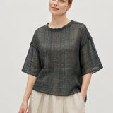 100% Linen Vintage Grid Round Neck Half-Sleeve Blouse