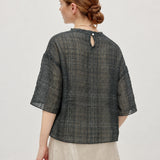 100% Linen Vintage Grid Round Neck Half-Sleeve Blouse
