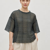 100% Linen Vintage Grid Round Neck Half-Sleeve Blouse