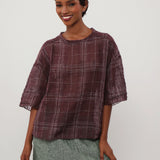 100% Linen Vintage Grid Round Neck Half-Sleeve Blouse