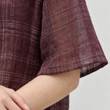 100% Linen Vintage Grid Round Neck Half-Sleeve Blouse