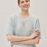Linen Blend V-Neck Sequin Short Sleeve T-Shirt