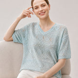 Linen Blend V-Neck Sequin Short Sleeve T-Shirt
