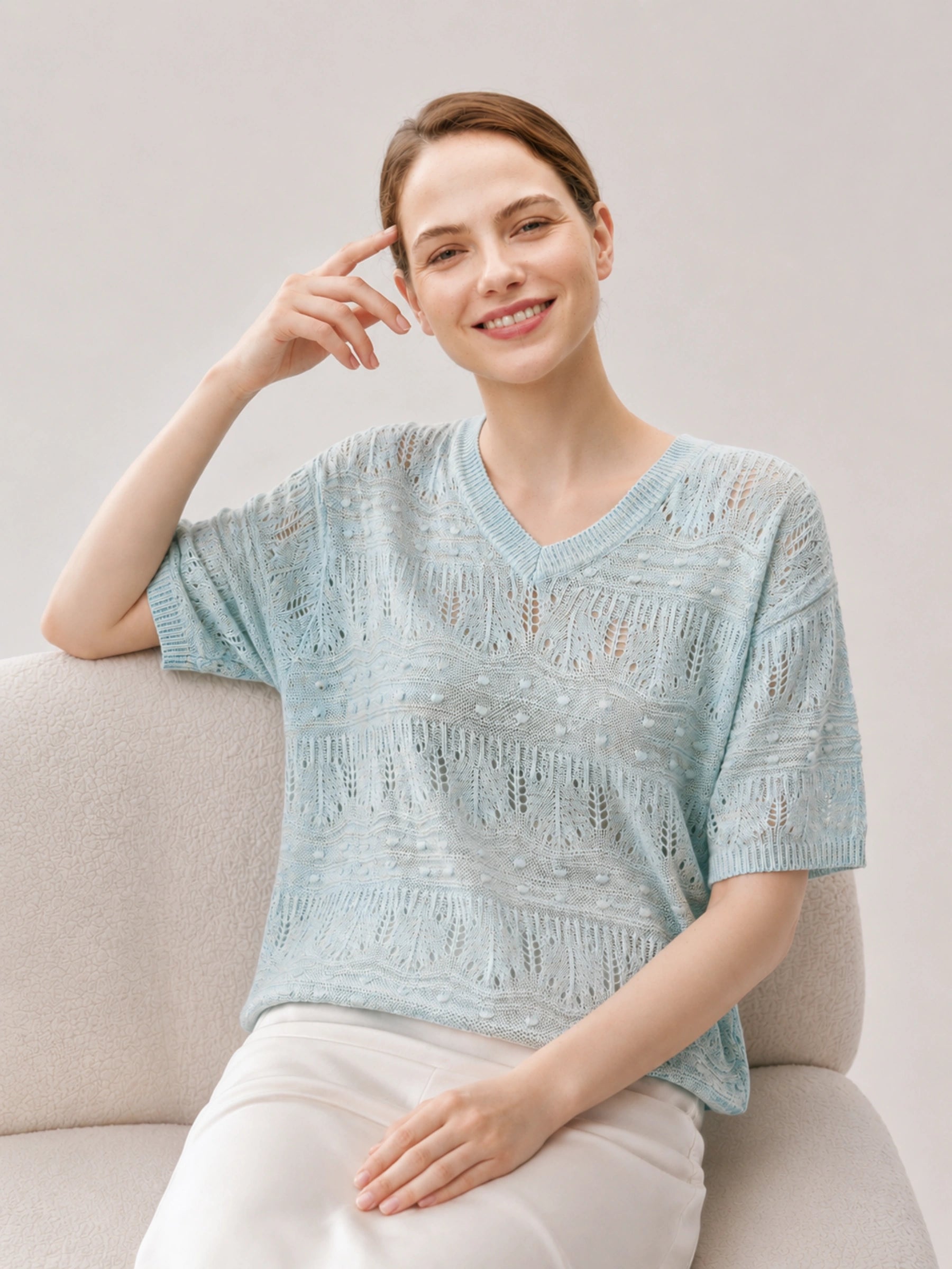 Linen Blend V-Neck Sequin Short Sleeve T-Shirt