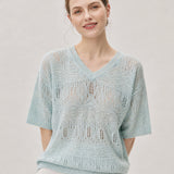 Linen Blend V-Neck Sequin Short Sleeve T-Shirt