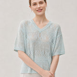Linen Blend V-Neck Sequin Short Sleeve T-Shirt
