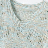 Linen Blend V-Neck Sequin Short Sleeve T-Shirt