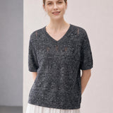 Linen Blend V-Neck Sequin Short Sleeve T-Shirt