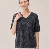 Linen Blend V-Neck Sequin Short Sleeve T-Shirt