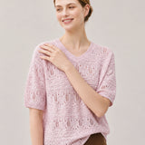 Linen Blend V-Neck Sequin Short Sleeve T-Shirt