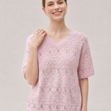 Linen Blend V-Neck Sequin Short Sleeve T-Shirt