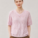 Linen Blend V-Neck Sequin Short Sleeve T-Shirt