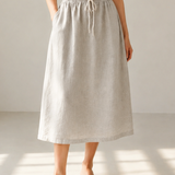100% Linen Drawstring Waist A-Line Midi Skirt