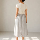 100% Linen Drawstring Waist A-Line Midi Skirt