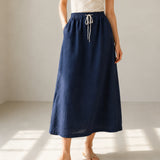 100% Linen Drawstring Waist A-Line Midi Skirt