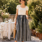 100% Linen Drawstring Waist A-Line Midi Skirt