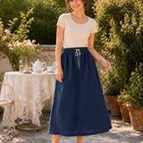 100% Linen Drawstring Waist A-Line Midi Skirt