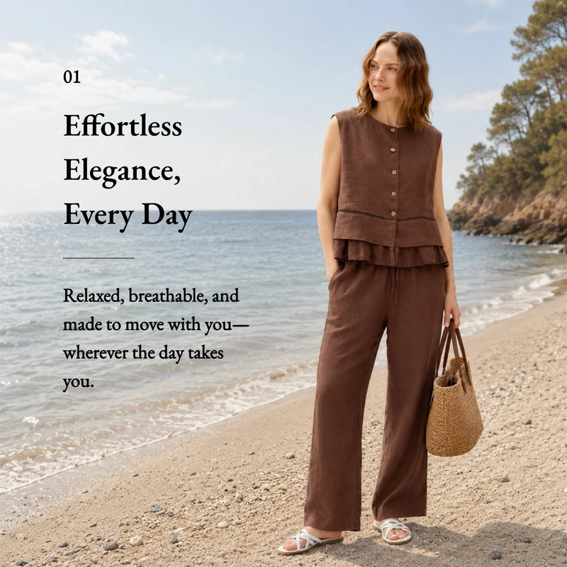 100% Linen Elastic Drawstring Straight Leg Pants