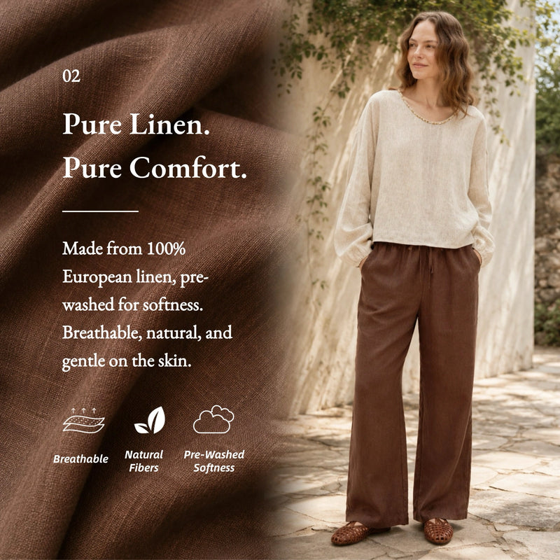 100% Linen Elastic Drawstring Straight Leg Pants