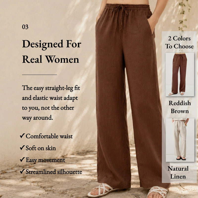 100% Linen Elastic Drawstring Straight Leg Pants