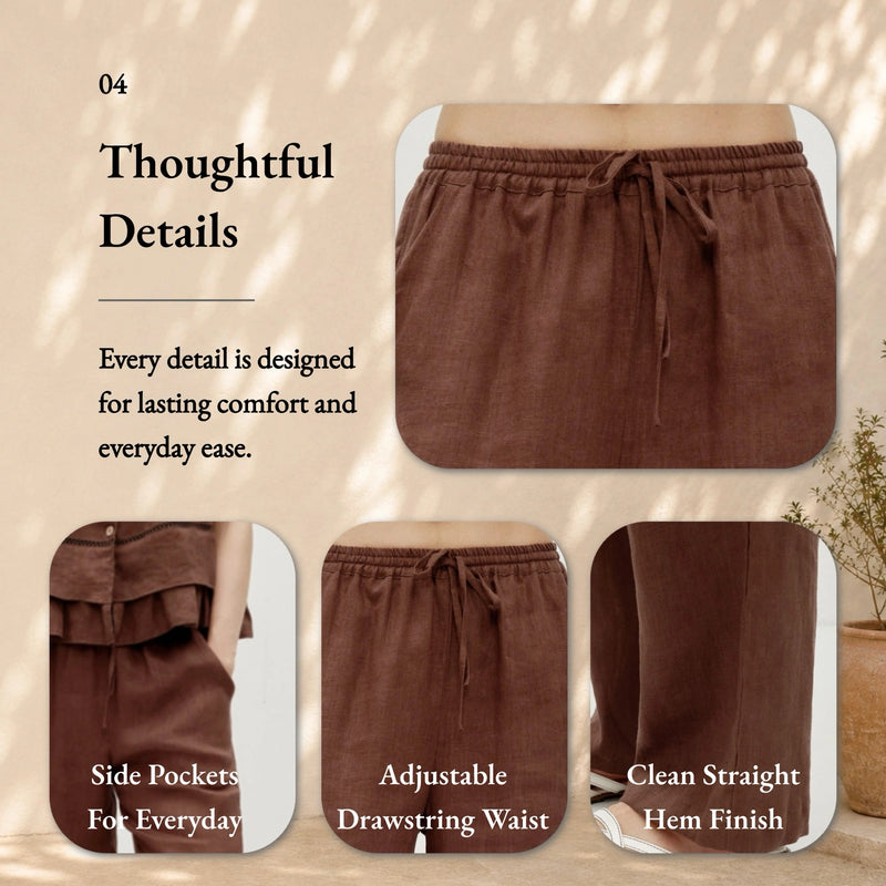100% Linen Elastic Drawstring Straight Leg Pants
